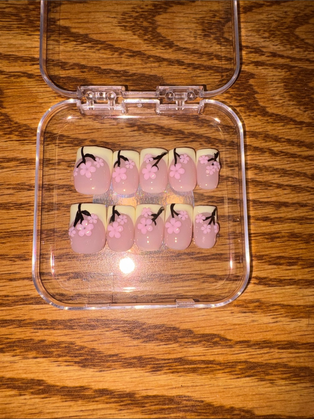 Pink Floral Press-On Nail Set with Cream Accents